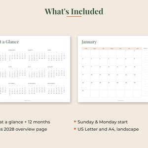 May include: A 2027 calendar planner set featuring a year at a glance page with twelve months and a detailed January monthly view. The layout includes a bonus 2028 overview page, Sunday and Monday start options, and is formatted for US Letter and A4 landscape.