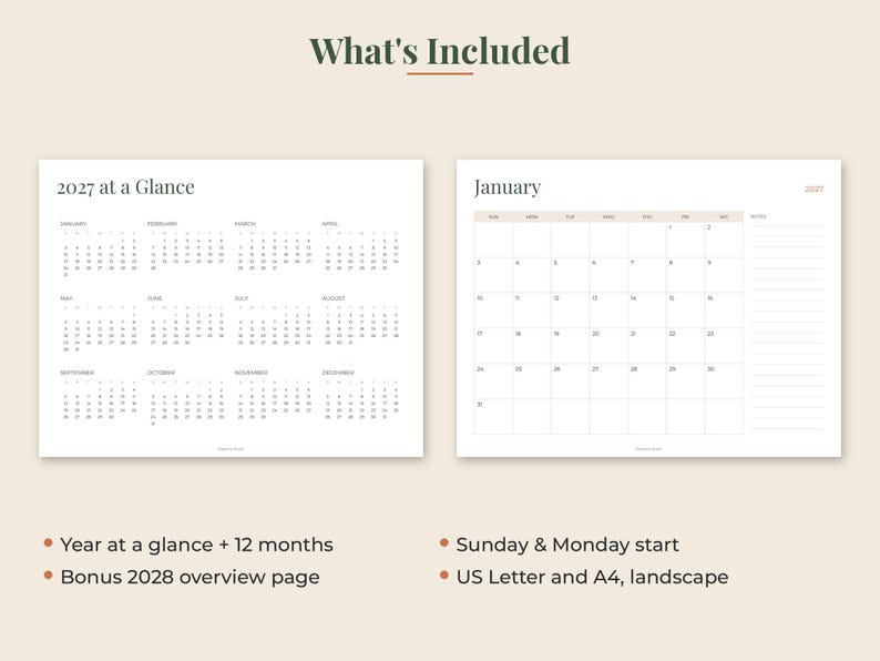 May include: A 2027 calendar planner set featuring a year at a glance page with twelve months and a detailed January monthly view. The layout includes a bonus 2028 overview page, Sunday and Monday start options, and is formatted for US Letter and A4 landscape.