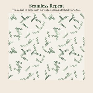 May include: A seamless repeat pattern featuring small green leaf sprigs scattered across a light cream background. The text Seamless Repeat and Tiles edge to edge with no visible seams (dashed = one file) appears above the pattern.