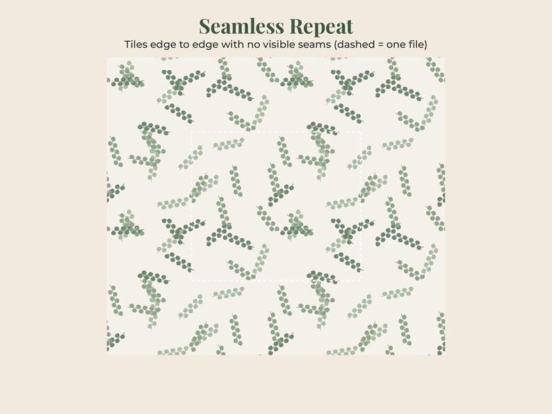 May include: A seamless repeat pattern featuring small green leaf sprigs scattered across a light cream background. The text Seamless Repeat and Tiles edge to edge with no visible seams (dashed = one file) appears above the pattern.
