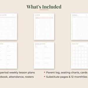 May include: A digital planner set titled What's Included, featuring six white pages with light brown text and grid lines. The pages are labeled Weekly Lesson Plan, Gradebook, Attendance, Lesson Plan, Substitute Information, and Seating Chart.
