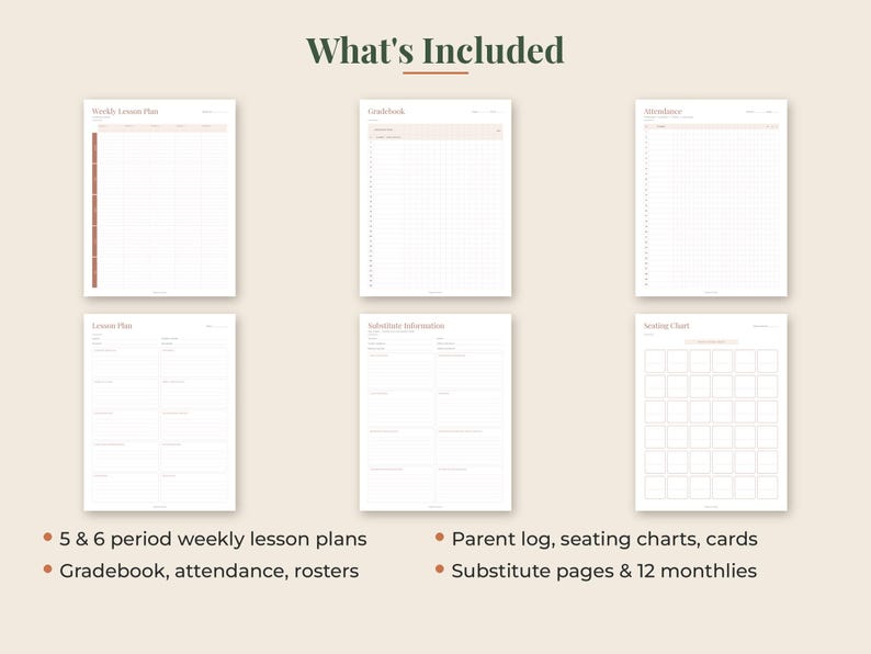 May include: A digital planner set titled What's Included, featuring six white pages with light brown text and grid lines. The pages are labeled Weekly Lesson Plan, Gradebook, Attendance, Lesson Plan, Substitute Information, and Seating Chart.