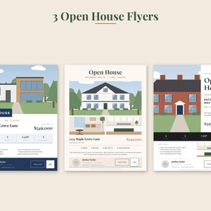 May include: Three rectangular open house flyers featuring illustrations of residential properties. Each flyer displays the text Open House, property details, price, and contact information for Jordan Taylor. The designs include various house styles, floor plans, and layout graphics in a clean, organized format.
