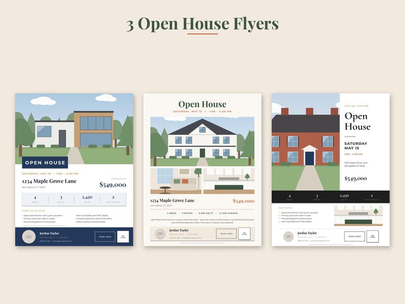May include: Three rectangular open house flyers featuring illustrations of residential properties. Each flyer displays the text Open House, property details, price, and contact information for Jordan Taylor. The designs include various house styles, floor plans, and layout graphics in a clean, organized format.