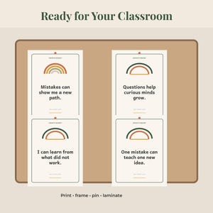 May include: Four rectangular educational posters with a cream background, each featuring a rainbow graphic and growth mindset text. The posters read: Mistakes can show me a new path, Questions help curious minds grow, I can learn from what did not work, and One mistake can teach one new idea.