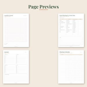 May include: Four white digital planner pages titled Page Previews. The pages include a Garden Layout grid, a Seed Starting by Frost Date table, a January monthly task list, and a Planting Calendar grid with columns for months and rows for crops.