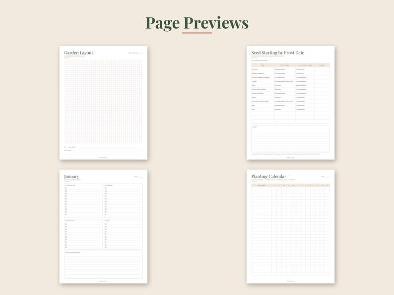May include: Four white digital planner pages titled Page Previews. The pages include a Garden Layout grid, a Seed Starting by Frost Date table, a January monthly task list, and a Planting Calendar grid with columns for months and rows for crops.