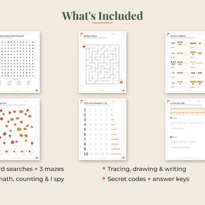 May include: A collection of six educational activity sheets featuring fall-themed tasks including an Apple Orchard Word Search, a maze, picture addition, I Spy Fall, number tracing from 1 to 10, and a crack the code puzzle with text labels.