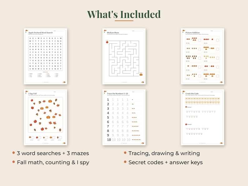 May include: A collection of six educational activity sheets featuring fall-themed tasks including an Apple Orchard Word Search, a maze, picture addition, I Spy Fall, number tracing from 1 to 10, and a crack the code puzzle with text labels.