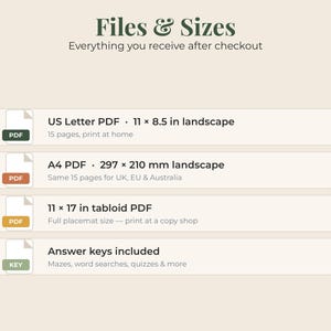 May include: An informational graphic titled Files & Sizes listing digital download specifications: US Letter PDF 11 x 8.5 in landscape, A4 PDF 297 x 210 mm landscape, 11 x 17 in tabloid PDF, and a note that answer keys for mazes and quizzes are included.
