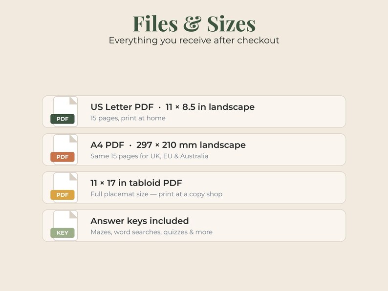 May include: An informational graphic titled Files & Sizes listing digital download specifications: US Letter PDF 11 x 8.5 in landscape, A4 PDF 297 x 210 mm landscape, 11 x 17 in tabloid PDF, and a note that answer keys for mazes and quizzes are included.