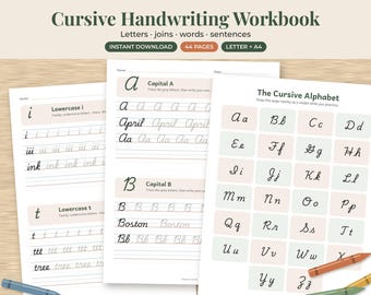Cursive Handwriting Practice Workbook Printable, Letters Words Sentences, Kids Adults