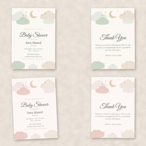 Peut inclure: Quatre cartes rectangulaires pr&eacute;sentant des invitations pour une f&ecirc;te pr&eacute;natale et des cartes de remerciement. Les motifs incluent des nuages pastel, un croissant de lune et des &eacute;toiles. Deux cartes sont dans des tons vert et beige, deux autres en rose et beige.