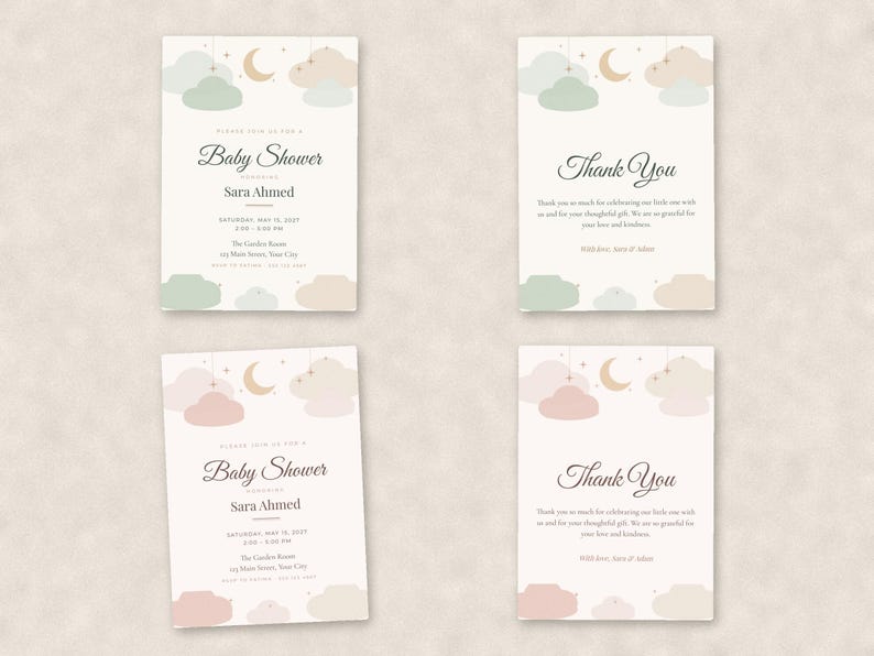 Peut inclure: Quatre cartes rectangulaires pr&eacute;sentant des invitations pour une f&ecirc;te pr&eacute;natale et des cartes de remerciement. Les motifs incluent des nuages pastel, un croissant de lune et des &eacute;toiles. Deux cartes sont dans des tons vert et beige, deux autres en rose et beige.