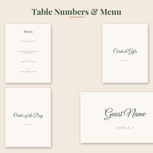 May include: A set of off-white wedding stationery featuring dark green text. The collection includes a menu, a cards and gifts sign, an order of the day sign, and a guest name place card labeled table 1, all displayed under the title Table Numbers & Menu.