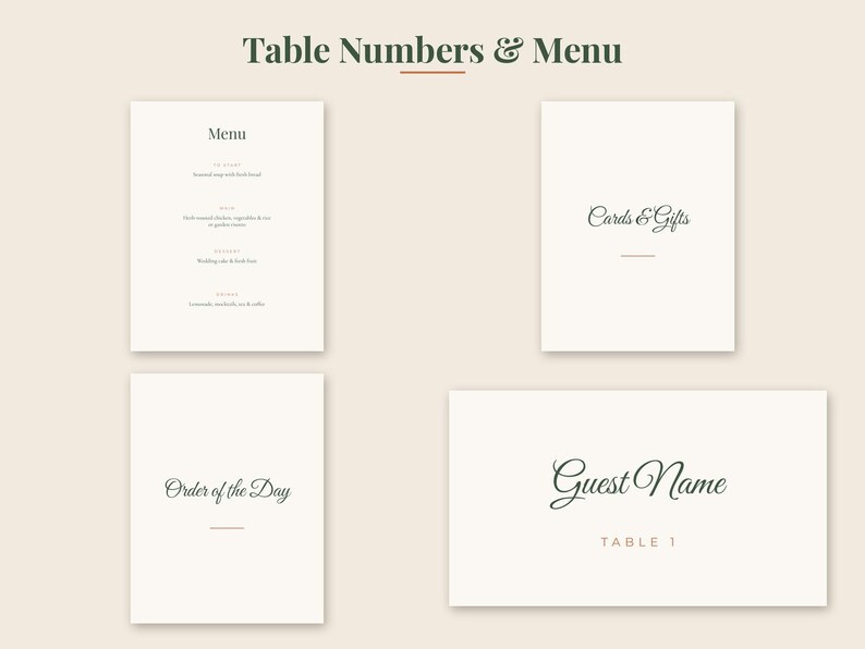May include: A set of off-white wedding stationery featuring dark green text. The collection includes a menu, a cards and gifts sign, an order of the day sign, and a guest name place card labeled table 1, all displayed under the title Table Numbers & Menu.
