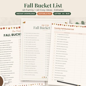 May include: Three printable Fall Bucket List documents featuring checklists with 40 family and 40 cozy activity ideas. The pages have cream backgrounds, autumn leaf borders, and headers reading Fall Bucket List, My Cozy Fall Bucket List, and Family Fall Bucket List.