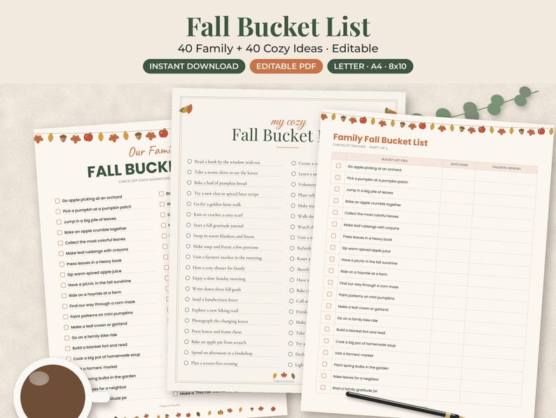 May include: Three printable Fall Bucket List documents featuring checklists with 40 family and 40 cozy activity ideas. The pages have cream backgrounds, autumn leaf borders, and headers reading Fall Bucket List, My Cozy Fall Bucket List, and Family Fall Bucket List.