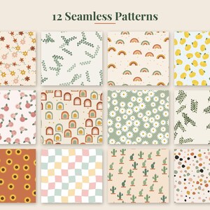 May include: A collection of 12 seamless patterns featuring various designs including flowers, rainbows, lemons, leaves, arches, daisies, sunflowers, a wavy checkerboard, cacti, and multicolored spots on light and dark backgrounds.