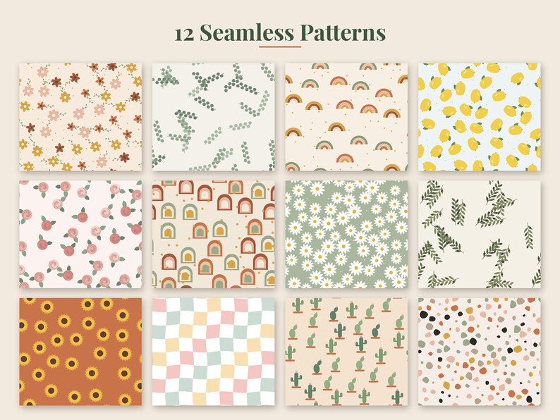 May include: A collection of 12 seamless patterns featuring various designs including flowers, rainbows, lemons, leaves, arches, daisies, sunflowers, a wavy checkerboard, cacti, and multicolored spots on light and dark backgrounds.