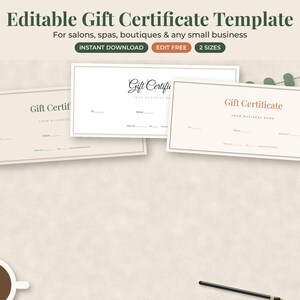 May include: Three rectangular gift certificate templates with minimalist borders and text. The designs feature the words Gift Certificate, To, From, and Amount with blank lines for customization. The color palette includes cream, white, and soft terracotta.
