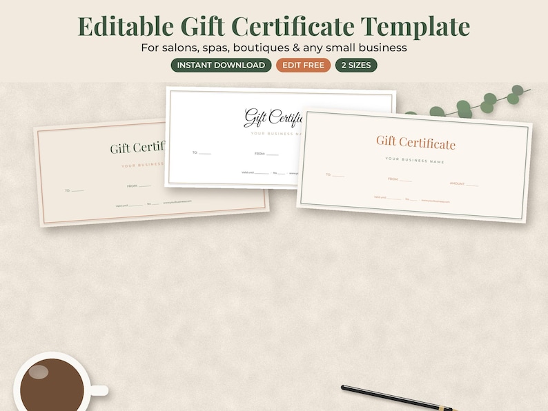 May include: Three rectangular gift certificate templates with minimalist borders and text. The designs feature the words Gift Certificate, To, From, and Amount with blank lines for customization. The color palette includes cream, white, and soft terracotta.