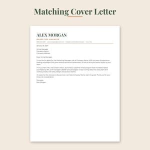 May include: A professional cover letter template on a white background with the heading Matching Cover Letter. The document features the name Alex Morgan, the title Marketing Manager, and placeholder text for contact details and body content.