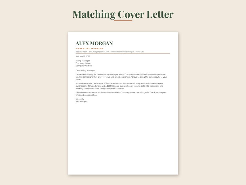 May include: A professional cover letter template on a white background with the heading Matching Cover Letter. The document features the name Alex Morgan, the title Marketing Manager, and placeholder text for contact details and body content.