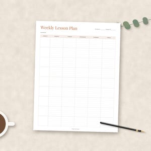 May include: A white paper sheet featuring a weekly lesson plan template with a grid layout. The header text reads Weekly Lesson Plan in a brown font. The grid includes columns for subjects and days of the week with blank lines for student and date entries.