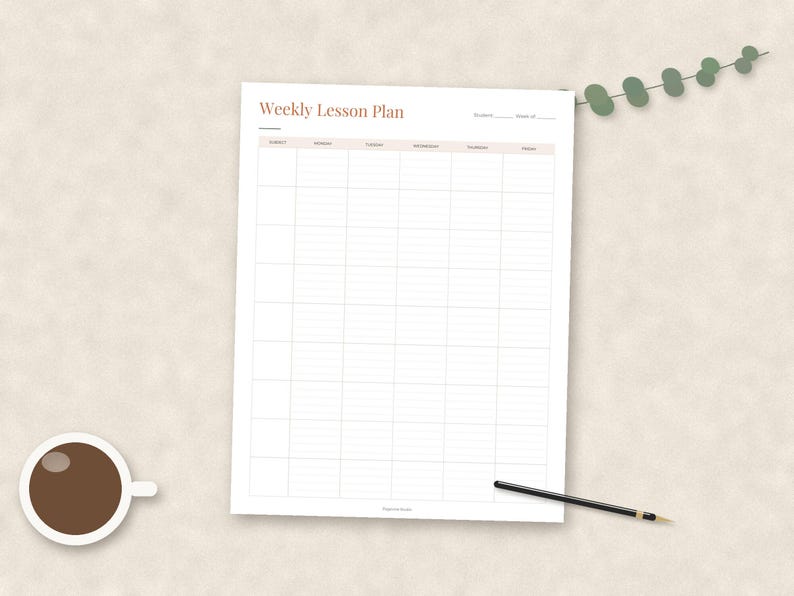 May include: A white paper sheet featuring a weekly lesson plan template with a grid layout. The header text reads Weekly Lesson Plan in a brown font. The grid includes columns for subjects and days of the week with blank lines for student and date entries.