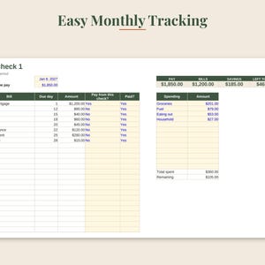 May include: A digital budget tracker template titled Easy Monthly Tracking. The layout includes a Paycheck 1 section with fields for pay date and take-home pay, a bill payment table with due dates and amounts, and a spending summary table with totals.