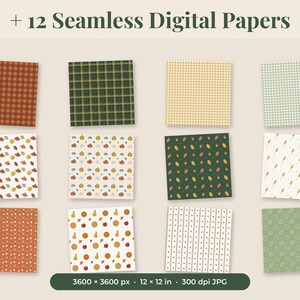 May include: A collection of 12 seamless digital papers featuring various patterns including plaid, gingham, and motifs of leaves, pumpkins, and fruit in autumn colors. The text + 12 Seamless Digital Papers and 3600 x 3600 px 12 x 12 in 300 dpi JPG is visible.