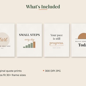 May include: Four digital wall art prints featuring motivational quotes. The first reads start WHERE YOU ARE, the second SMALL STEPS every day with a bar graph, the third Your pace is still progress. KEEP GOING, and the fourth BUILD SOMETHING Today.