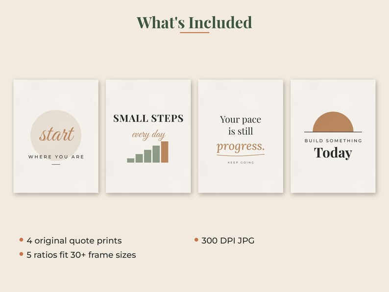 May include: Four digital wall art prints featuring motivational quotes. The first reads start WHERE YOU ARE, the second SMALL STEPS every day with a bar graph, the third Your pace is still progress. KEEP GOING, and the fourth BUILD SOMETHING Today.