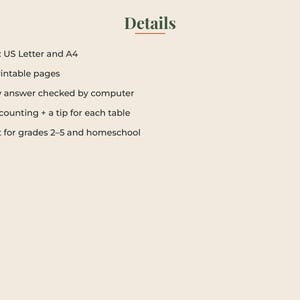 May include: A digital document titled Details with a list of features: Sizes: US Letter and A4, 48 printable pages, Every answer checked by computer, Skip counting + a tip for each table, and Great for grades 2-5 and homeschool.