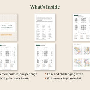 May include: A collection of word search puzzle pages featuring a cover sheet titled Word Search 60 Themed Puzzles, a How to Play instruction page, and individual puzzle sheets for topics like Garden, Weather, and Mountains with answer keys.