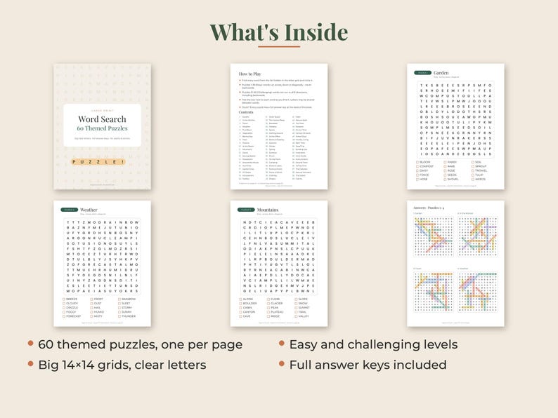 May include: A collection of word search puzzle pages featuring a cover sheet titled Word Search 60 Themed Puzzles, a How to Play instruction page, and individual puzzle sheets for topics like Garden, Weather, and Mountains with answer keys.