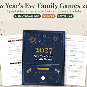 以下が含まれることがあります： 2027年の大晦日向け家族用ゲーム32ページの印刷可能なセット。子供、ティーン、大人向けの13のアクティビティが含まれています。濃紺の表紙には金色の花火、2027 New Year's Eve Family Gamesという文字、小さな風船が描かれています。