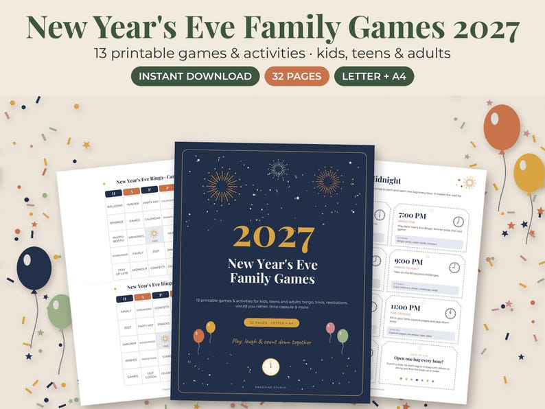 以下が含まれることがあります： 2027年の大晦日向け家族用ゲーム32ページの印刷可能なセット。子供、ティーン、大人向けの13のアクティビティが含まれています。濃紺の表紙には金色の花火、2027 New Year's Eve Family Gamesという文字、小さな風船が描かれています。