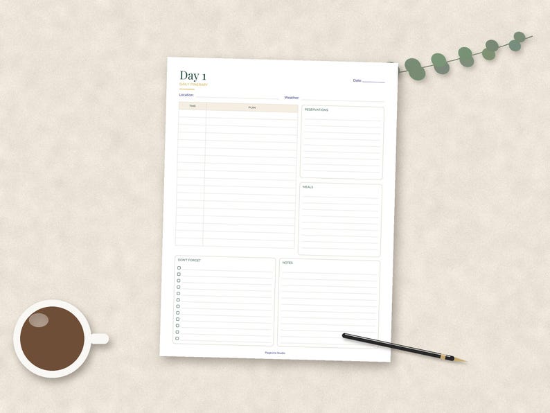 Peut inclure: Une feuille de planification quotidienne blanche intitul&eacute;e Day 1 avec des sections pour l'emploi du temps, la m&eacute;t&eacute;o, les r&eacute;servations, les repas, une liste de t&acirc;ches avec des cases &agrave; cocher et des notes. Mise en page avec texte et lignes noirs.