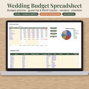 May include: A digital wedding budget spreadsheet displayed on a laptop screen. The interface includes a budget planner, guest list, RSVP tracker, vendor list, and checklist. It features tables with columns for categories, costs, and a pie chart for budget distribution.