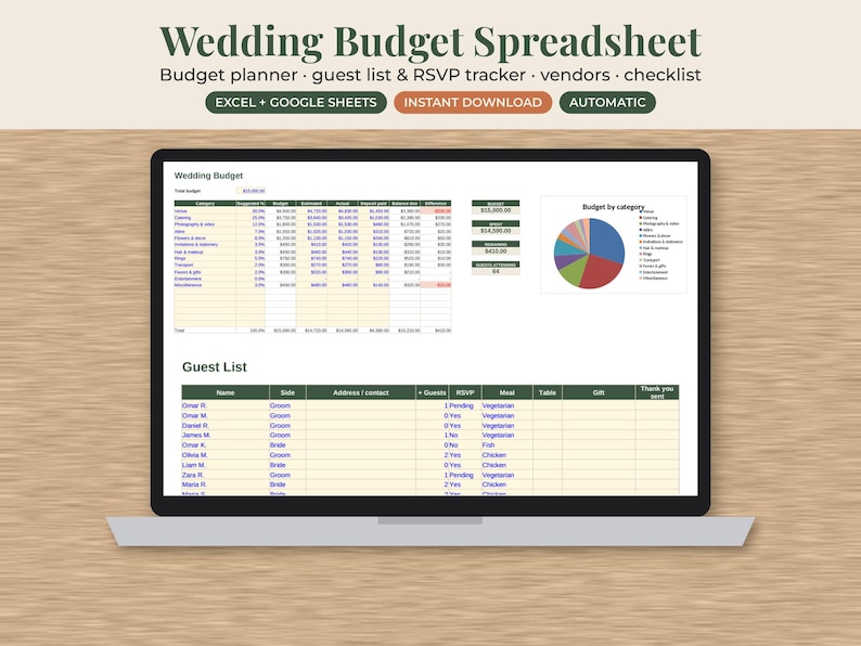 May include: A digital wedding budget spreadsheet displayed on a laptop screen. The interface includes a budget planner, guest list, RSVP tracker, vendor list, and checklist. It features tables with columns for categories, costs, and a pie chart for budget distribution.