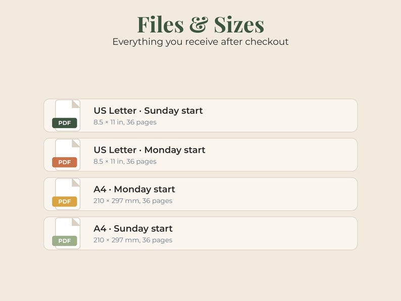 May include: A digital file information graphic titled Files & Sizes. It lists four PDF options: US Letter Sunday start 8.5 x 11 in 36 pages, US Letter Monday start 8.5 x 11 in 36 pages, A4 Monday start 210 x 297 mm 36 pages, and A4 Sunday start 210 x 297 mm 36 pages.