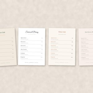 May include: Four rectangular price list and services templates arranged side-by-side. Each document features headings like Price List or Services & Pricing, with listed service categories, placeholder text, and contact information at the bottom.