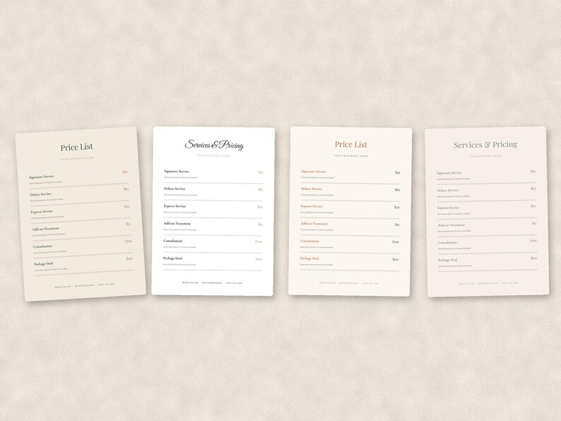 May include: Four rectangular price list and services templates arranged side-by-side. Each document features headings like Price List or Services & Pricing, with listed service categories, placeholder text, and contact information at the bottom.