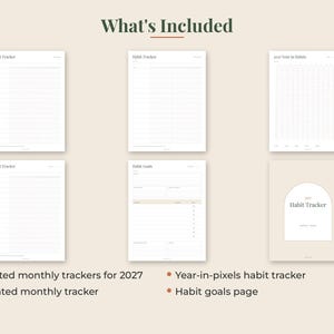 May include: A digital habit tracker set featuring six white pages with black text and grid layouts. The pages include headers such as Habit Tracker, Habit Goals, and 2027 Year in Habits. A beige cover page displays an arch graphic and the text Habit Tracker.