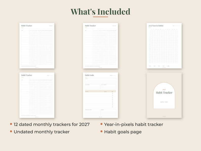 May include: A digital habit tracker set featuring six white pages with black text and grid layouts. The pages include headers such as Habit Tracker, Habit Goals, and 2027 Year in Habits. A beige cover page displays an arch graphic and the text Habit Tracker.