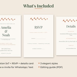 May include: A wedding stationery set featuring an invitation, RSVP card, and details card on cream paper with dark green text and a terracotta leaf motif. The invitation displays the names Amelia and Noah, with 5x7 inch dimensions noted.