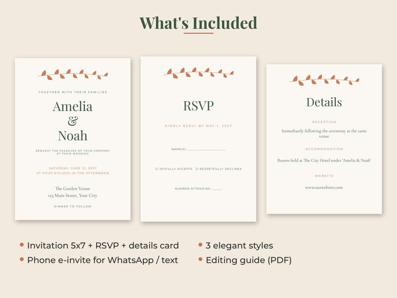 May include: A wedding stationery set featuring an invitation, RSVP card, and details card on cream paper with dark green text and a terracotta leaf motif. The invitation displays the names Amelia and Noah, with 5x7 inch dimensions noted.
