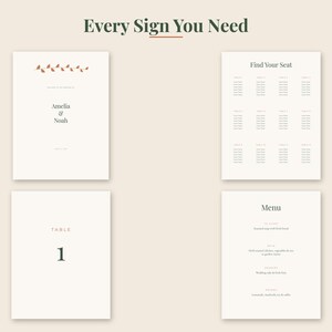 May include: A collection of four off-white wedding signs featuring dark green text. The set includes a welcome sign with leaf accents, a Find Your Seat chart, a Table 1 card, and a menu. The header text at the top reads Every Sign You Need.